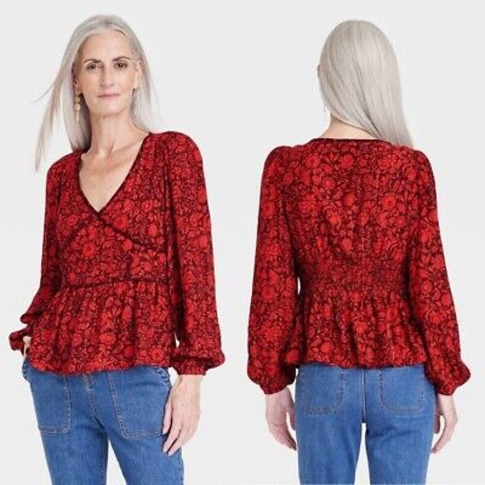 Knox Rose Red Metallic Floral‎ Long Sleeve Deep V-Neck Peasant Top Size XL